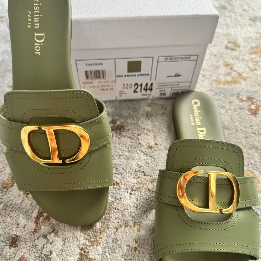 Dior - Montaigne Olive Green Slide Sandals with Gold Buckle - Picture 3 of 6